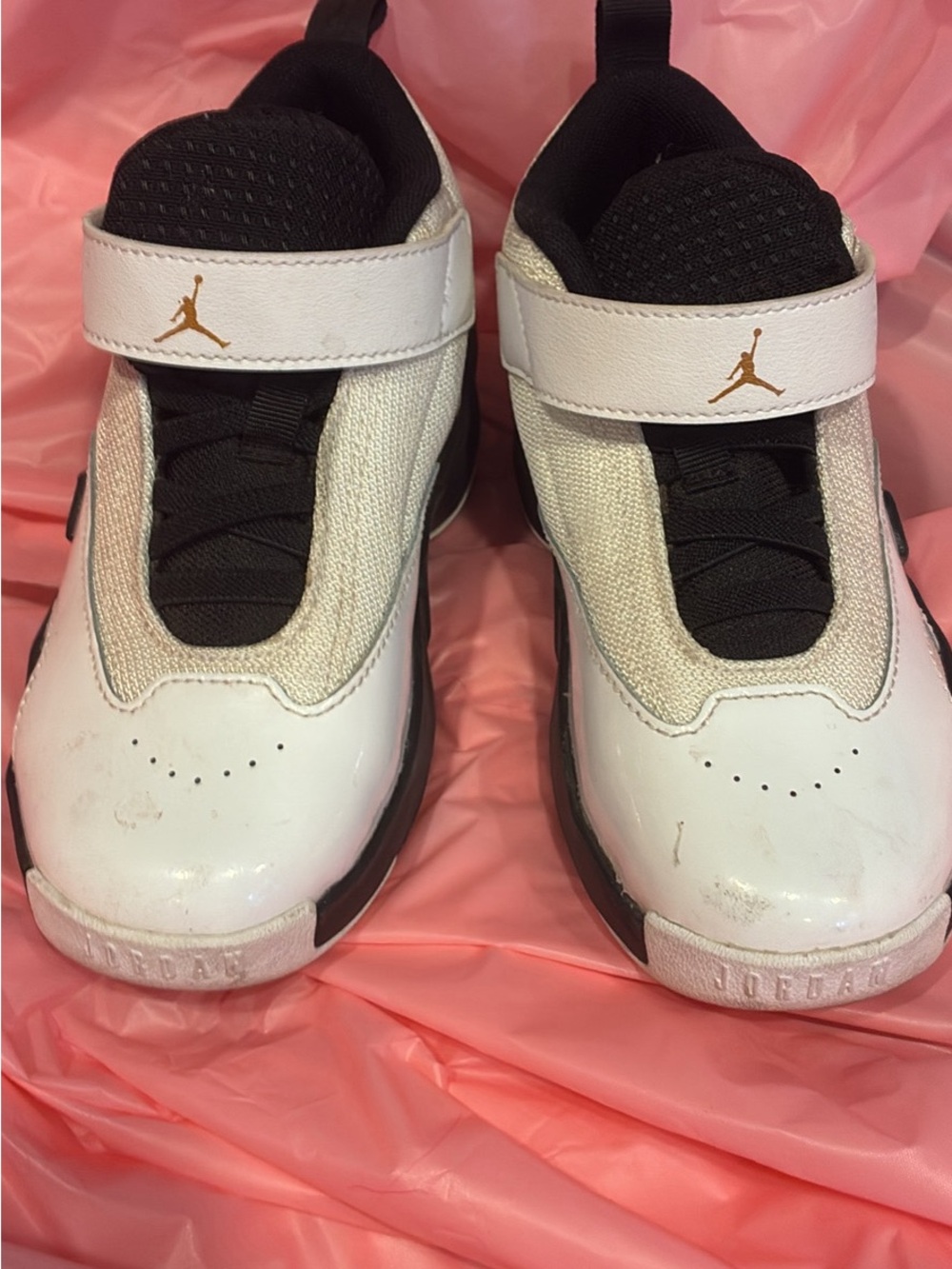 Jordan Kids White and Black Strap Sneakers with Gold Jumpman